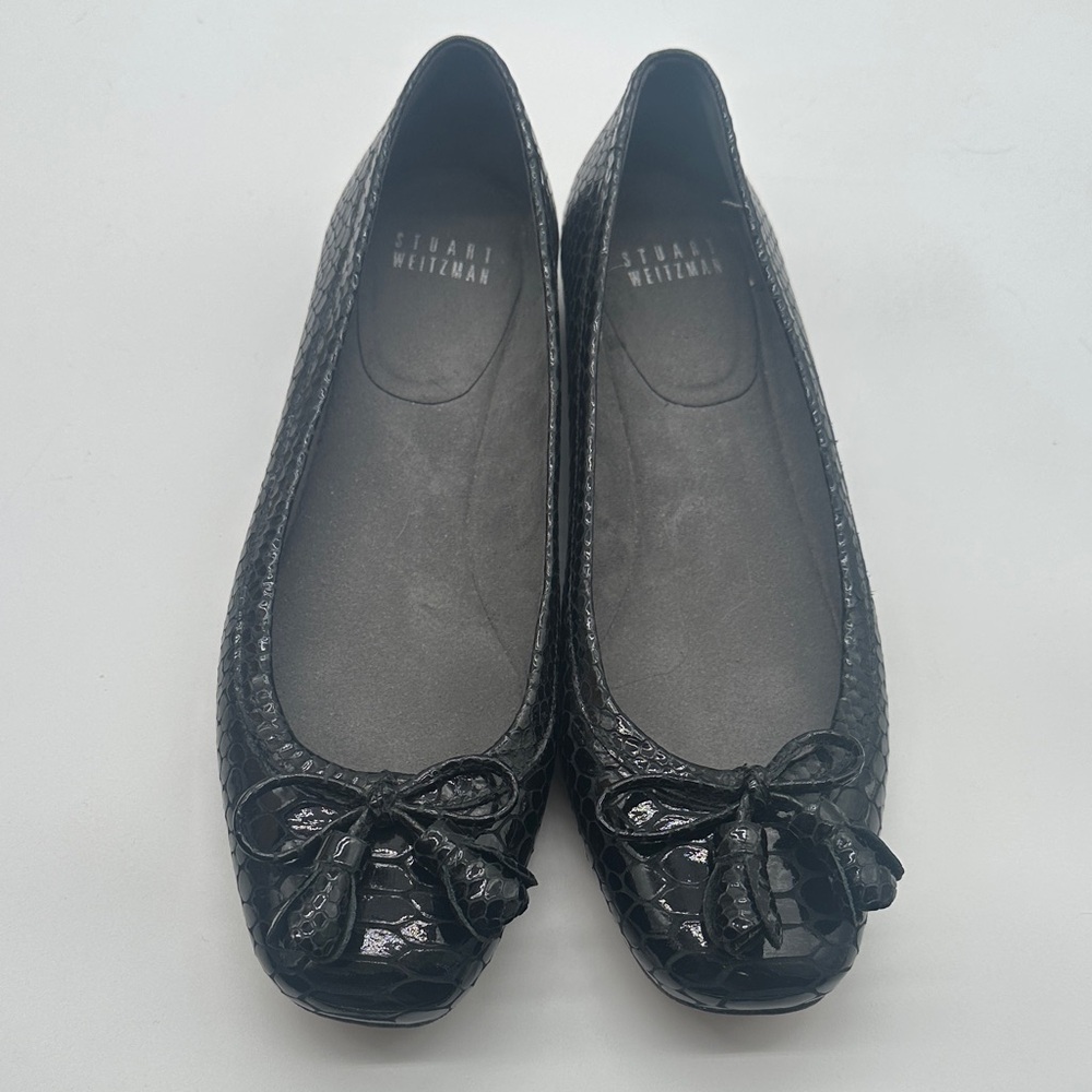 Stuart Weitzman Black Croc-Embossed Ballet Flats with Bow